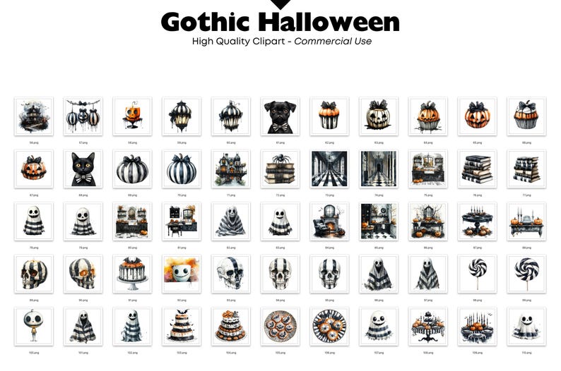 May include: A collection of watercolor illustrations with a Gothic Halloween theme. The images include pumpkins, ghosts, skulls, cakes, and other spooky elements. The text at the top reads "Gothic Halloween" and "High Quality Clipart - Commercial Use."