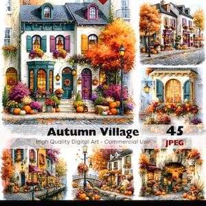 Peut inclure: Une collection d'art numérique intitulée Autumn Village comprenant 45 images JPEG de maisons décorées de citrouilles, de feuillages d'automne et de guirlandes lumineuses. Les scènes représentent des rues pavées, des ponts en pierre et des devantures.