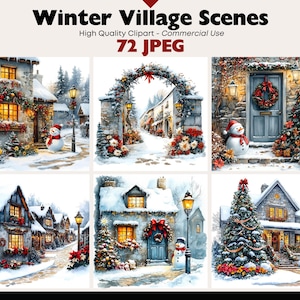 Winter Scenes Clipart Bundle Snowy Landscapes Graphics Digital Download JPEG Holiday Art Watercolor Christmas Village Clipart Commercial Use