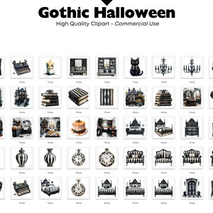 May include: A collection of watercolor clipart illustrations with a Gothic Halloween theme. The images include a black cat, chandeliers, books, furniture, and a typewriter. The text at the top reads "Gothic Halloween" and "High Quality Clipart - Commercial Use."