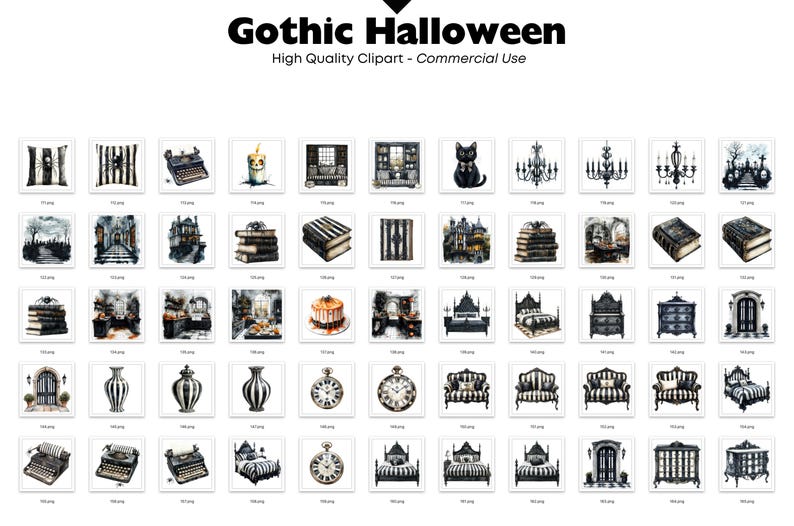 May include: A collection of watercolor clipart illustrations with a Gothic Halloween theme. The images include a black cat, chandeliers, books, furniture, and a typewriter. The text at the top reads "Gothic Halloween" and "High Quality Clipart - Commercial Use."