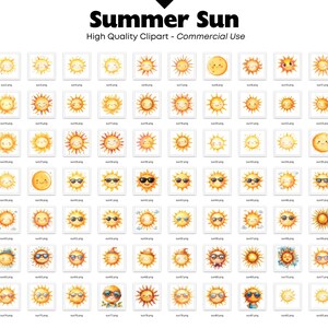 Puede incluir: Una colecci&oacute;n de im&aacute;genes predise&ntilde;adas de sol en acuarela en varios estilos. Las im&aacute;genes presentan soles sonrientes, soles con gafas de sol y soles con diferentes expresiones faciales. El texto "Summer Sun" y "High Quality Clipart - Commercial Use" est&aacute; en la parte superior.