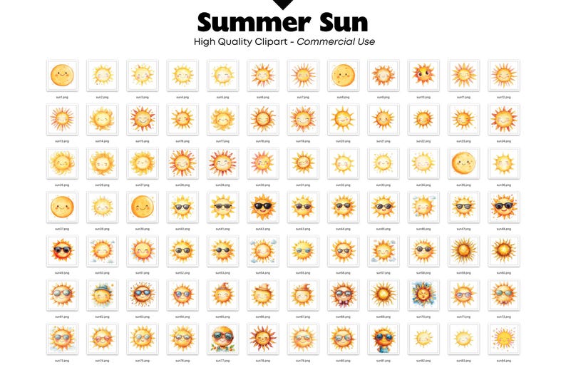 Puede incluir: Una colecci&oacute;n de im&aacute;genes predise&ntilde;adas de sol en acuarela en varios estilos. Las im&aacute;genes presentan soles sonrientes, soles con gafas de sol y soles con diferentes expresiones faciales. El texto "Summer Sun" y "High Quality Clipart - Commercial Use" est&aacute; en la parte superior.