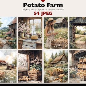 Op de afbeelding: Een verzameling aquarel illustraties die een aardappelboerderij uitbeelden. Scènes omvatten houten kisten vol aardappelen, een vrouw in een veld, een tractor en een rustieke schuur. De tekst "Potato Farm" en "54 JPEG" is zichtbaar.