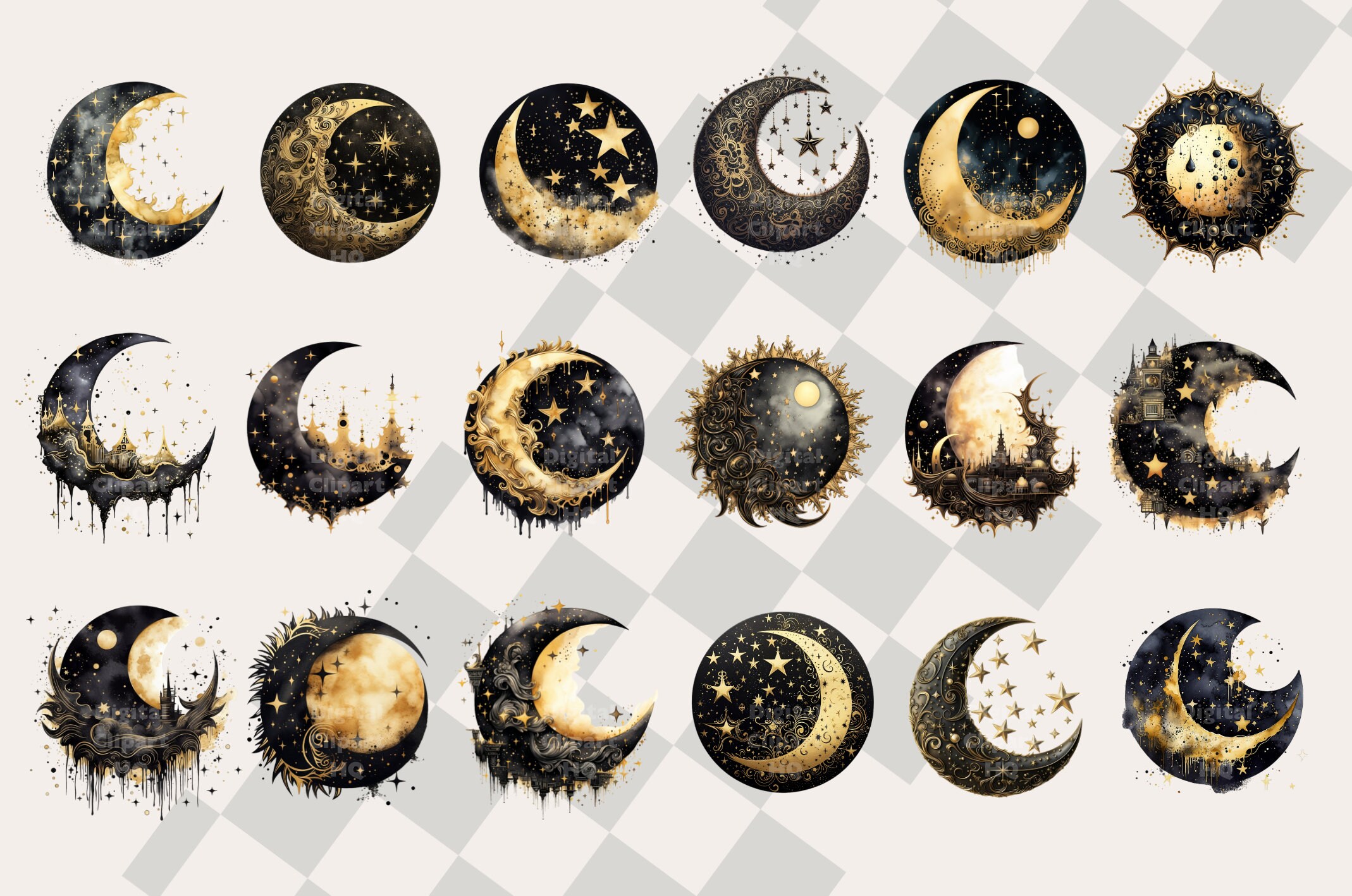 Black and Gold Moon Clipart Set, Whimsical Moon Wall Art, Watercolor ...