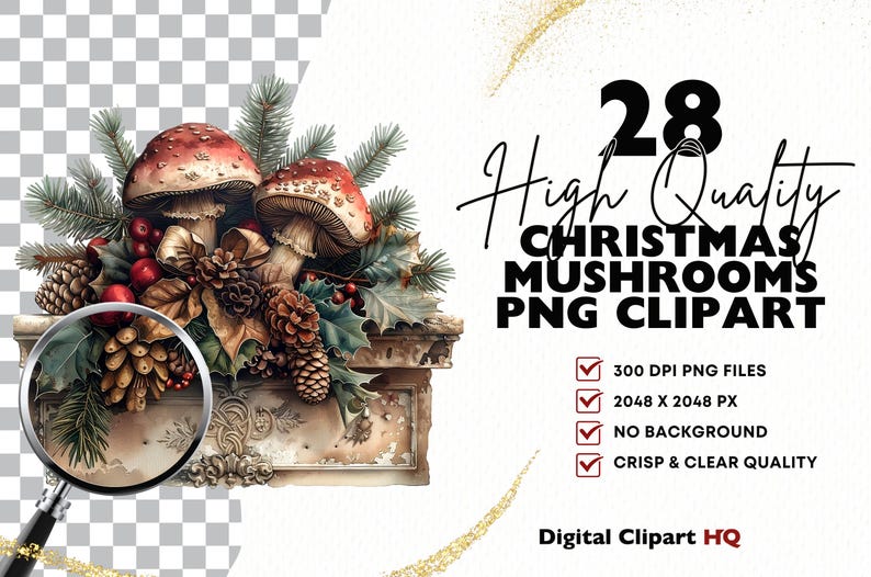 May include: A set of 28 high-quality Christmas mushroom PNG clipart images. The mushrooms are red and white with brown stems and are surrounded by holly, pine branches, and pine cones. The images are 300 DPI and 2048 x 2048 pixels.