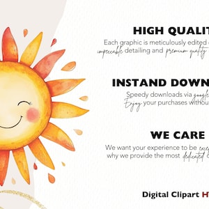 Puede incluir: Ilustraci&oacute;n de un sol sonriente con rayos naranjas y amarillos y una cara rosa claro. La imagen incluye el texto "ALTA CALIDAD", "DESCARGA INSTANT&Aacute;NEA" y "NOS PREOCUPAMOS". El logotipo de Digital Clipart HQ est&aacute; en la parte inferior.