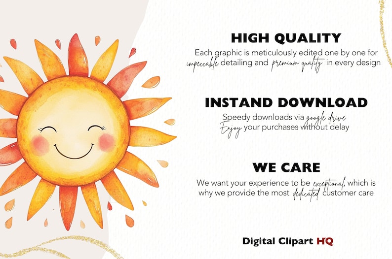Puede incluir: Ilustraci&oacute;n de un sol sonriente con rayos naranjas y amarillos y una cara rosa claro. La imagen incluye el texto "ALTA CALIDAD", "DESCARGA INSTANT&Aacute;NEA" y "NOS PREOCUPAMOS". El logotipo de Digital Clipart HQ est&aacute; en la parte inferior.