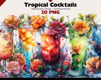 Tropical Cocktails Clipart Bundle Exotic Drinks Watercolor Summer Cocktail PNG Digital Download Paper Crafts Beach Drinks Scrapbooking