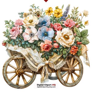 May include: Watercolor illustration of a wooden cart overflowing with a vibrant assortment of flowers. The cart features large spoked wheels and is draped with a lace-trimmed cloth. The flowers include roses, anemones, and other blooms in shades of pink, yellow, and blue.