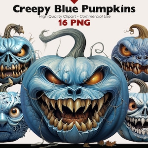 May include: A set of 16 digital images featuring creepy blue pumpkins with various expressions. The pumpkins have sharp teeth, glowing eyes, and intricate details.  The images are high quality and suitable for commercial use.