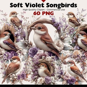 Fioletowe ptaki śpiewające Clipart Bundle Vintage Birds PNG Akwarela Grafiki Romantyczny Ogród Ptak Cyfrowe Pobieranie Kwiatowe Zwierzęta Komercyjne Wykorzystanie