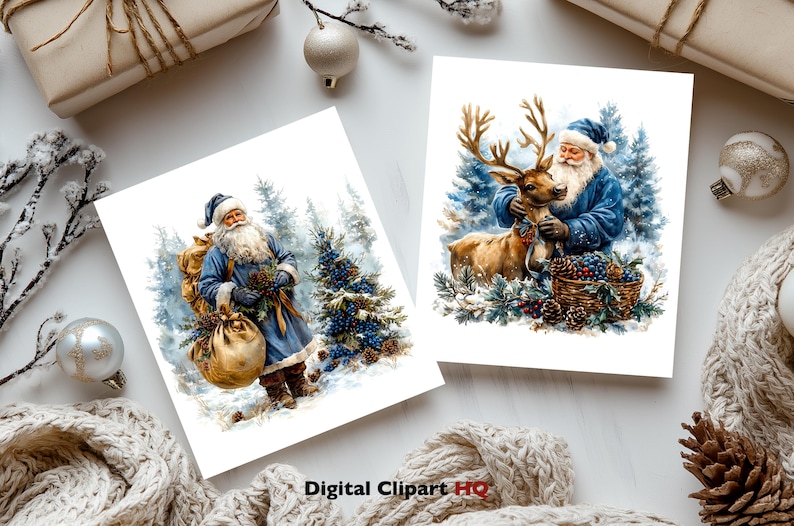 Blue Santa With Reindeer Clipart Bundle Snowy Landscapes Graphics ...