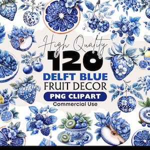 Paquete de imágenes prediseñadas de frutas azules de Delft, acuarela, estilo holandés de Delft, gráficos PNG, imágenes prediseñadas de frutas azules inspiradas en Toile, descarga digital, manualidades con papel