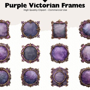 Puede incluir: Doce marcos victorianos morados con detalles dorados. Los marcos son de diferentes formas y tama&ntilde;os, y todos est&aacute;n decorados con detalles intrincados. Los marcos son perfectos para agregar un toque de elegancia a cualquier decoraci&oacute;n del hogar.