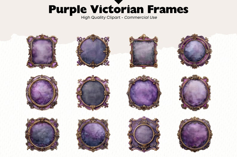 Puede incluir: Doce marcos victorianos morados con detalles dorados. Los marcos son de diferentes formas y tama&ntilde;os, y todos est&aacute;n decorados con detalles intrincados. Los marcos son perfectos para agregar un toque de elegancia a cualquier decoraci&oacute;n del hogar.