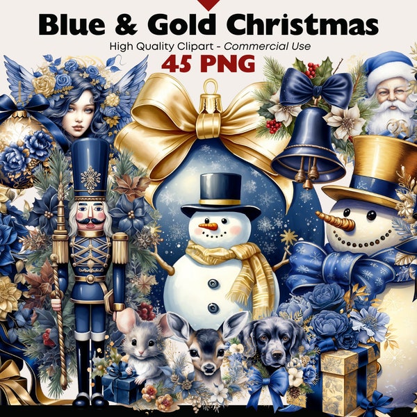 Blue And Gold Christmas Clipart Bundle, Watercolor Christmas PNG, Navy Blue Christmas Graphics, Christmas PNG Illustrations Instant Download