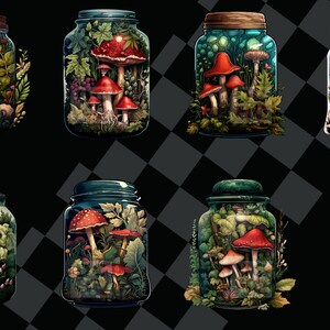 May include: Eight glass jars filled with various green plants and red and white mushrooms. The jars have cork or metal lids and are arranged in three rows on a black and white checkered background.