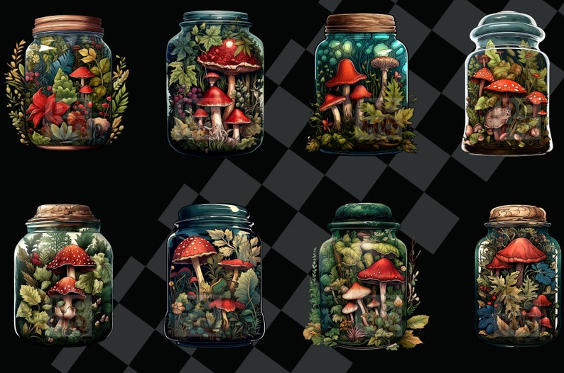 May include: Eight glass jars filled with various green plants and red and white mushrooms. The jars have cork or metal lids and are arranged in three rows on a black and white checkered background.