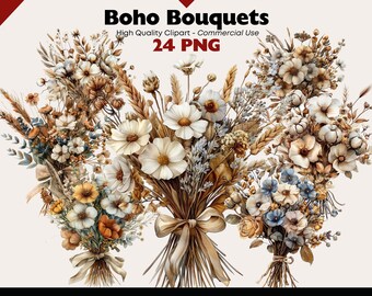 Watercolor Bohemian Flowers Clipart Bundle,  Beautiful Boho Floral Graphics for Invitations and Paper Crafts, Dried Bouquet PNG Download