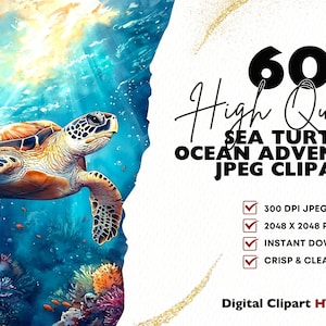 Puede incluir: Una representaci&oacute;n art&iacute;stica de una tortuga marina nadando en un oc&eacute;ano vibrante, con un barco en el fondo. La imagen incluye texto que dice "60 High Quality Sea Turtle Ocean Adventures JPEG Clipart".