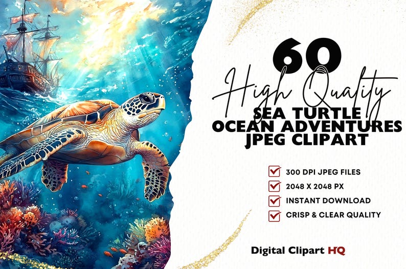 Puede incluir: Una representaci&oacute;n art&iacute;stica de una tortuga marina nadando en un oc&eacute;ano vibrante, con un barco en el fondo. La imagen incluye texto que dice "60 High Quality Sea Turtle Ocean Adventures JPEG Clipart".