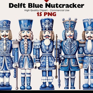 Conjunto de clipart de quebra-nozes de Natal azul Delft, aquarela de Natal, lindo Natal para impressão, quebra-nozes PNG, gráficos tradicionais de Natal