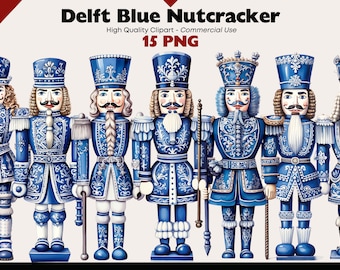 May include: A set of eight blue and white Delftware nutcracker figurines. Each nutcracker is wearing a blue and white uniform with intricate details and a white beard. The nutcrackers are standing on a white background.