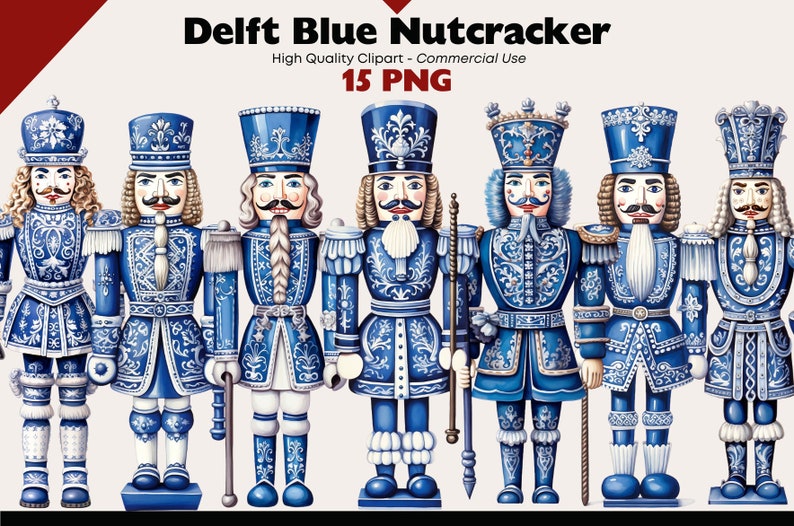 May include: A set of eight blue and white Delftware nutcracker figurines. Each nutcracker is wearing a blue and white uniform with intricate details and a white beard. The nutcrackers are standing on a white background.
