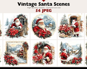 Vintage Santa Scenes JPEG Clipart Christmas Art Holiday Santa Claus Illustrations Winter Printables Festive Decor Scrapbooking Junk Journal