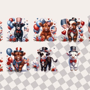 Puede incluir: Ocho adorables terneros de dibujos animados que llevan sombreros y accesorios patri&oacute;ticos rojo, blanco y azul. Los terneros est&aacute;n en varias poses y tienen pelajes de diferentes colores.