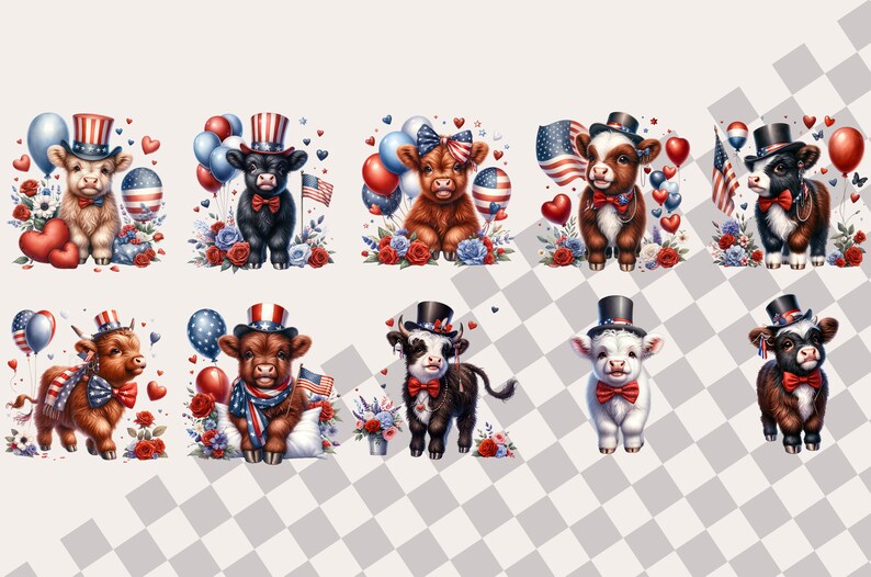 Puede incluir: Ocho adorables terneros de dibujos animados que llevan sombreros y accesorios patri&oacute;ticos rojo, blanco y azul. Los terneros est&aacute;n en varias poses y tienen pelajes de diferentes colores.