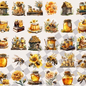 May include: A collection of watercolor illustrations featuring honeybees, honey jars, honeycombs, and beehives. The illustrations are in shades of yellow, brown, and white, and are set against a white background.
