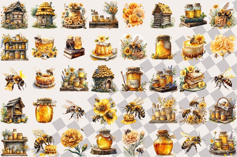 May include: A collection of watercolor illustrations featuring honeybees, honey jars, honeycombs, and beehives. The illustrations are in shades of yellow, brown, and white, and are set against a white background.