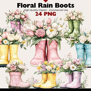 Clipart floral de bottes de pluie – 24 fleurs printanières PNG en bottes pour le scrapbooking, les journaux indésirables, les travaux manuels en papier, les cartes et la décoration imprimable