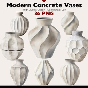Puede incluir: Una colección de jarrones modernos de hormigón en varias formas y diseños. Los jarrones son en tonos grises y blancos, con superficies texturizadas y patrones geométricos. La imagen incluye el texto "Modern Concrete Vases" y "36 PNG".