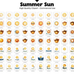 Puede incluir: Una colecci&oacute;n de im&aacute;genes predise&ntilde;adas de acuarela con varios dise&ntilde;os de sol. Las im&aacute;genes incluyen soles sonrientes, soles con gafas de sol y soles con sombreros de vaquero. El texto "Summer Sun" y "High Quality Clipart - Commercial Use" se muestra en la parte superior.