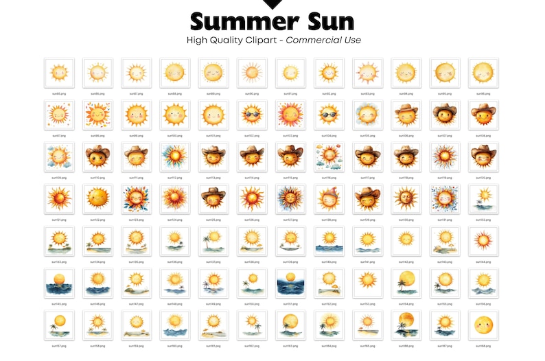 Puede incluir: Una colecci&oacute;n de im&aacute;genes predise&ntilde;adas de acuarela con varios dise&ntilde;os de sol. Las im&aacute;genes incluyen soles sonrientes, soles con gafas de sol y soles con sombreros de vaquero. El texto "Summer Sun" y "High Quality Clipart - Commercial Use" se muestra en la parte superior.