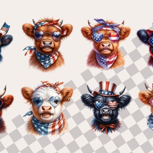 May include: Eight Highland cattle wearing red, white, and blue patriotic accessories, including hats, bandanas, and heart-shaped sunglasses. The cattle are looking directly at the viewer.