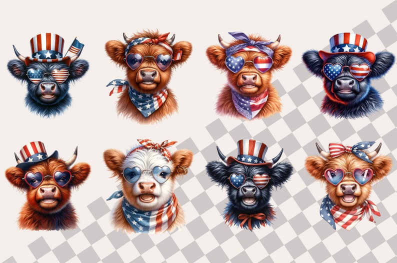 May include: Eight Highland cattle wearing red, white, and blue patriotic accessories, including hats, bandanas, and heart-shaped sunglasses. The cattle are looking directly at the viewer.