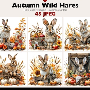 May include: Watercolor clipart set featuring autumn-themed illustrations. The images showcase wild hares with pumpkins, sunflowers, and fall foliage. The text "Autumn Wild Hares" and "45 JPEG" are visible.