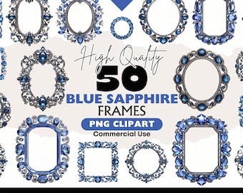 Sapphire Frames Clipart Bundle Vintage Empty Blue Gemstone Borders Graphics Digital Download Ephemera Paper Crafts Scrapbooking Junk Journal
