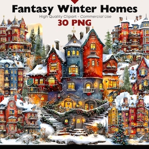 Bundle de cliparts fantastique maison de Noël aquarelle Noël veille Clipart graphiques téléchargement numérique paysage d'hiver papier artisanat Scrapbooking