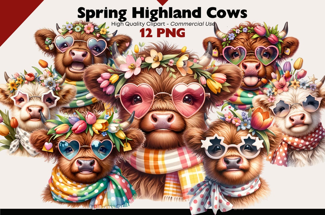 Spring Time Cow Baby Highland Cow Clipart, Springtime Cow Watercolor, Tulip Wreath ...