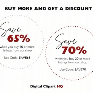 May include: A promotional graphic with text on a white background. It reads "BUY MORE AND GET A DISCOUNT." Two circles display "Save 65%" and "Save 70%" with discount details and codes. The Digital Clipart HQ logo is at the bottom.