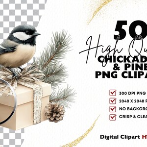 Puede incluir: 50 im&aacute;genes PNG clipart de alta calidad de carboneros y ramas de pino. Las im&aacute;genes son de 300 DPI y 2048 x 2048 p&iacute;xeles. No tienen fondo y son n&iacute;tidas y claras.