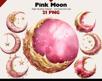 May include: A set of 21 digital clipart images featuring pink and gold crescent moons with stars. The moons are decorated with intricate details and have a watercolor effect.  The images are perfect for adding a touch of whimsy and magic to your designs.