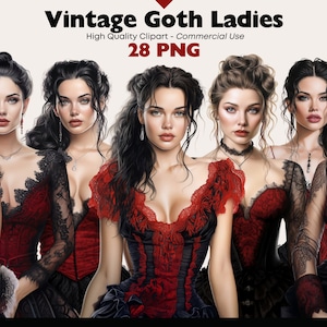 Paquete de imágenes prediseñadas vintage para damas góticas, vestido rojo chica gótica PNG, gráficos de mujer acuarela, imágenes prediseñadas vintage para niñas, chica victoriana oscura digital