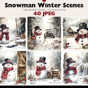 Snowman Winter Scenes JPEG Clipart Snowy Landscapes Digital Download Holiday Art Watercolor Christmas Village Commercial Use Paper Crafts