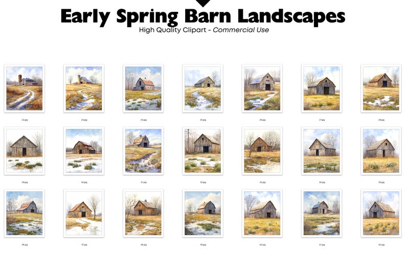 Spring Barn Drawings Early Spring Barn Landscapes Clipart JPEG, Farmhouse Spring Scenes ...